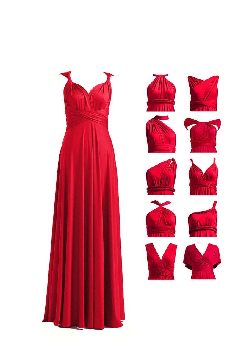 72styles Bridesmaid Infinity Dress, Wrap Elastic Off Shoulder Prom Party Convertible Maxi Long Dresses Red - Image 1